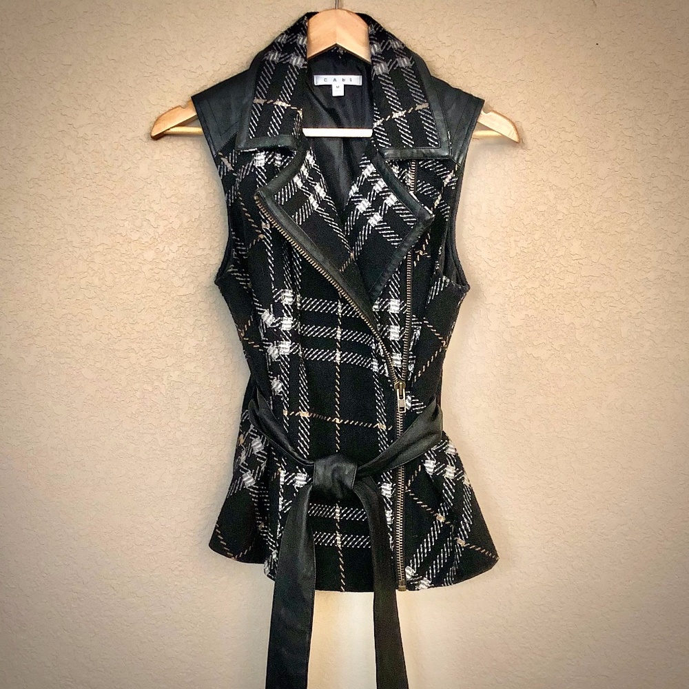 CAbi Plaid Wool Blend Vest w/Faux Leather Trim SzS